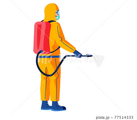 Character in protective outfit isolated on white background. Man sprays disinfectant liquid 77514335