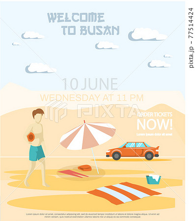 Welcome to Busan major port city, tourist travel promotion poster with man walking on sandy beach Welcome to Busan major port city, tourist travel promotion poster with man walking on sandy beach 77514424