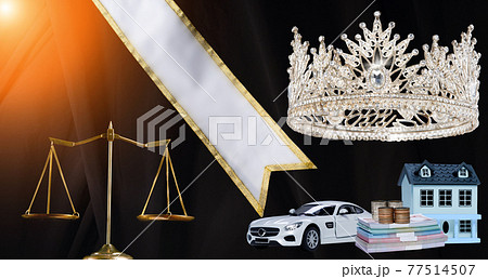 Prize Winning Award for Winner of Miss Beauty Queen Pageant Contest is Vehicle, Money, House, Diamond Crown, studio lighting abstract Blue background 77514507