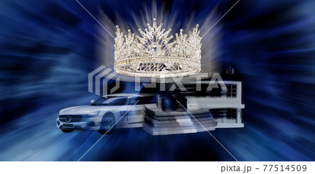Prize Winning Award for Winner of Miss Beauty Queen Pageant Contest is Vehicle, Money, House, Diamond Crown, studio lighting abstract Blue background 77514509