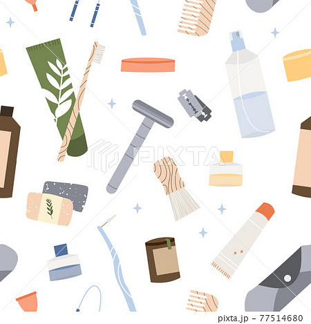 Bathroom accessories, bath items. Dental cleaning tools, natural skin care, organic cosmetics. Zero waste bathroom, reusable products. Eco friendly lifestyle. Vector flat cartoon art, seamless pattern Bathroom accessories, bath items. Dental cleaning tools, natural skin care, organic cosmetics. Zero waste bathroom, reusable products. Eco friendly lifestyle. Vector flat cartoon art, seamless pattern 77514680