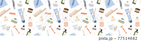 Bathroom accessories, bath items. Dental cleaning tools, natural skin care, organic cosmetics. Zero waste bathroom, reusable products. Eco friendly lifestyle. Vector flat cartoon art, seamless pattern Bathroom accessories, bath items. Dental cleaning tools, natural skin care, organic cosmetics. Zero waste bathroom, reusable products. Eco friendly lifestyle. Vector flat cartoon art, seamless pattern 77514682