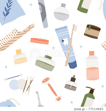 Bathroom accessories, bath items. Dental cleaning tools, natural skin care, organic cosmetics. Zero waste bathroom, reusable products. Eco friendly lifestyle. Vector flat cartoon art, seamless pattern Bathroom accessories, bath items. Dental cleaning tools, natural skin care, organic cosmetics. Zero waste bathroom, reusable products. Eco friendly lifestyle. Vector flat cartoon art, seamless pattern 77514683
