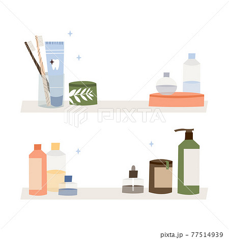 Bathroom accessories, bath item, toiletry. Dental cleaning tools, natural skin care, organic cosmetics. Zero waste bathroom, reusable products. Eco friendly lifestyle. Vector flat cartoon illustration 77514939