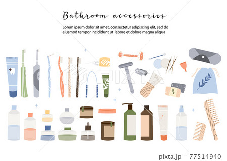 Bathroom accessories, bath item, toiletry. Dental cleaning tools, natural skin care, organic cosmetics. Zero waste bathroom, reusable products. Eco friendly lifestyle. Vector flat cartoon illustration 77514940