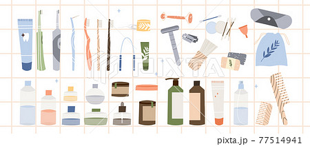 Bathroom accessories, bath item, toiletry. Dental cleaning tools, natural skin care, organic cosmetics. Zero waste bathroom, reusable products. Eco friendly lifestyle. Vector flat cartoon illustration 77514941