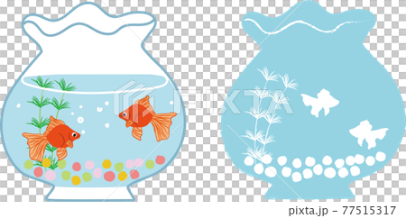 金魚鉢と金魚鉢シルエットのイラストのイラスト素材