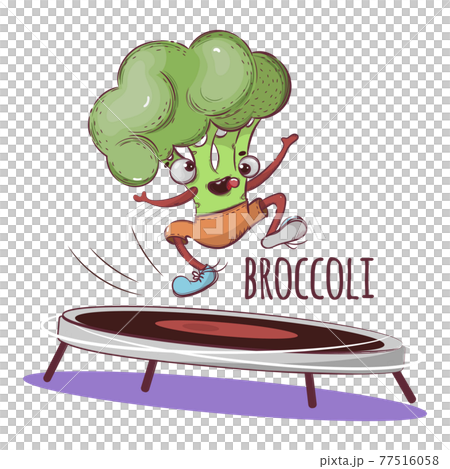 TRAMPOLINE JUMPING Broccoli Sport Vegetable Cartoon Health Nutrition Nature Hand Drawn Vector Illustration For Print 77516058