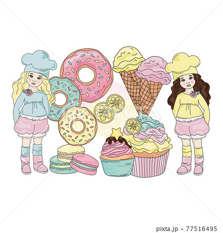 SWEET LIFE PRODUCTION Two Girls Confectioners And Their Products Ice Cream Donuts Cookies And Biscuit Dessert Cartoon Clip Art Vector Illustration Set For Print 77516495