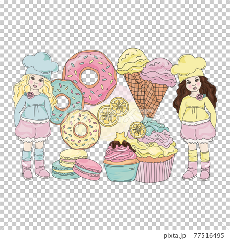 SWEET LIFE PRODUCTION Two Girls Confectioners And Their Products Ice Cream Donuts Cookies And Biscuit Dessert Cartoon Clip Art Vector Illustration Set For Print 77516495