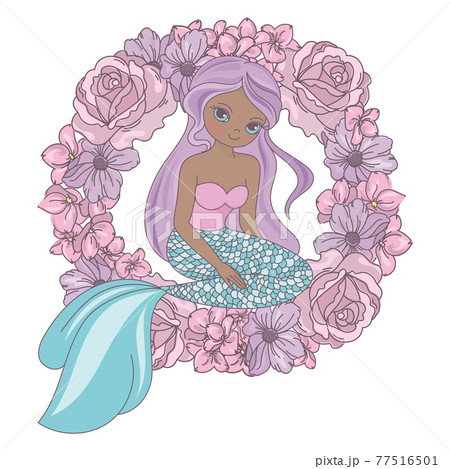 SWEET DREAMS Long Haired Dark Skinned Mermaid Princess Girl Sits In A Wreath Of Pink Flowers Cartoon Clip Art Vector Illustration Set For Print 77516501