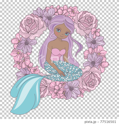 SWEET DREAMS Long Haired Dark Skinned Mermaid Princess Girl Sits In A Wreath Of Pink Flowers Cartoon Clip Art Vector Illustration Set For Print 77516501