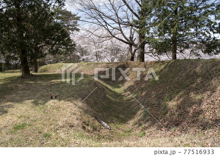 谷戸城跡　三の郭に残る空堀と土塁 77516933
