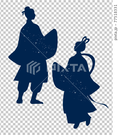 織り姫と彦星のシルエットイラスト素材 ベクター 七夕 星 紺 77518331