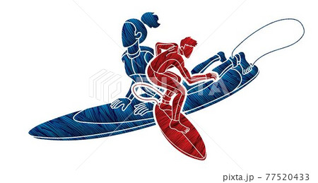 Surfer Action Group of Surfing Sport Male and Female Players Cartoon Graphic Vector 77520433