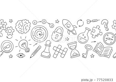 Puzzle and riddles. Hand drawn horizontal pattern with crossword puzzle, maze, brain, chess piece, light bulb, labyrinth, gear, lock and key. Vector illustration in doodle style on white background 77520833