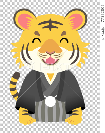 2022年　寅年　笑顔で挨拶する羽織袴のトラ 77522005