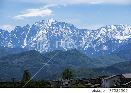 富山平野から見た立山連峰。富山県。剱、立山などの写真素材 [77522506