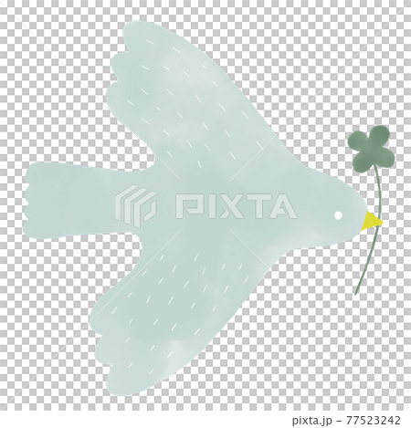 四つ葉のクローバーをくわえた青い鳥の手描きイラスト 77523242
