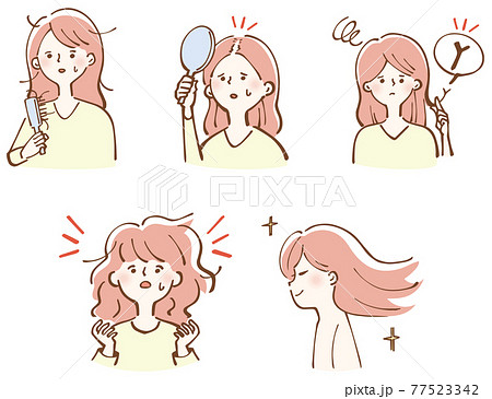 ヘアケア　ダメージヘア　美髪　女性　イラスト　セット 77523342