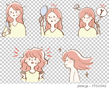 ヘアケア　ダメージヘア　美髪　女性　イラスト　セット 77523342