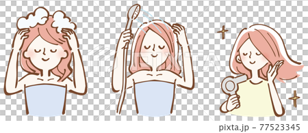 ヘアケア シャンプー 女性 イラスト セット ヘアケア シャンプー 女性 イラスト セット 77523345