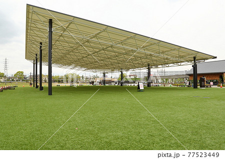 大阪府高槻市　安満遺跡公園　青空に映える安満遺跡公園の屋根と開放的な芝生広場 77523449