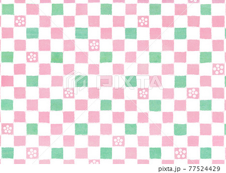 梅模様　ピンクとグリーンのレトロかわいい市松模様背景 77524429