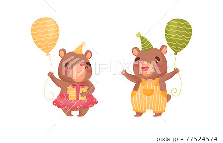 Cute Bear Boy and Girl in Birthday Hat Holding Balloon and Gift Box Vector Set 77524574