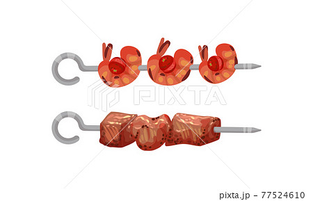 Meat and Vegetables Slabs Skewered on Metal Spits Vector Set 77524610