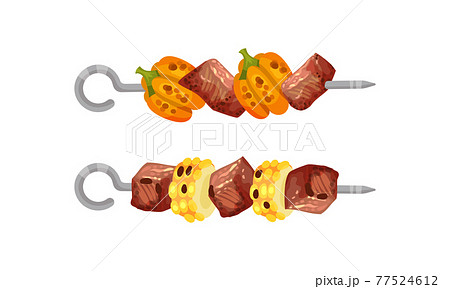 Meat and Vegetables Slabs Skewered on Metal Spits Vector Set 77524612