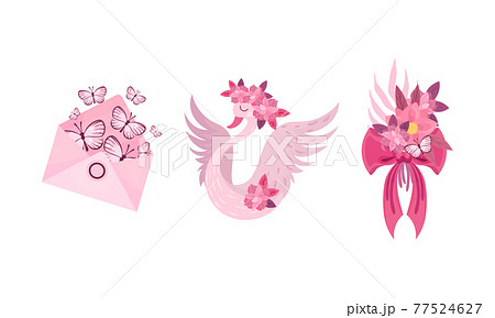 Ribbon Bow, Swan and Envelope with Butterfly as Ballet Accessory Vector Set 77524627