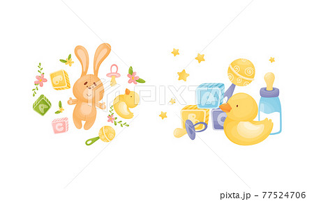 Newborn and Baby Accessories Arranged in Sweet Composition with Floral Elements Vector Set 77524706