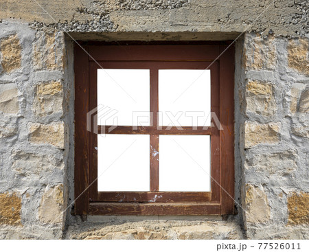 Vintage wooden window on a rustic cabine stone wall with blank space for copy Vintage wooden window on a rustic cabine stone wall with blank space for copy 77526011