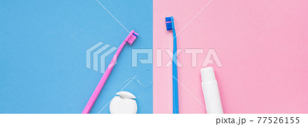 Teeth hygiene and oral care products flatlay 77526155
