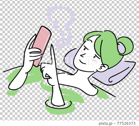 Illustration of a woman surfing the net with a smartphone even in the bath 77526373