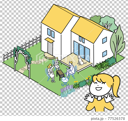 憧れの郊外の家 広い庭でバーベキューをするのイラスト素材