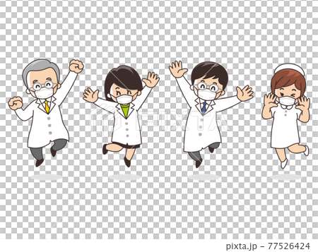 Jumping medical staff, doctors, nurses, wearing masks Jumping medical staff, doctors, nurses, wearing masks 77526424