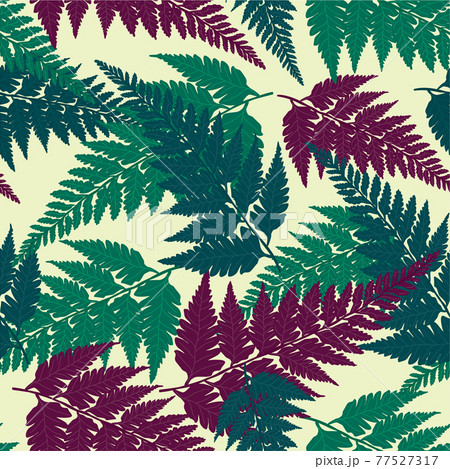 Seamless decorative pattern with green, blue and purple tropical forest fern leaves isolated on light yellow background. Vector eps10 background in flat retro vintage style. 77527317