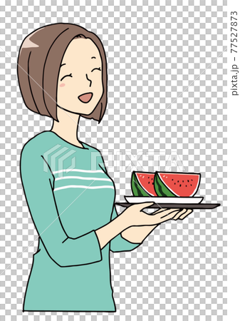 拿著切好的西瓜的女人 拿著切好的西瓜的女人 77527873