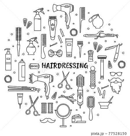 Hairdressing and barbershop tools set of icons 77528150