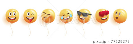 Set of round yellow balloons with laughing and smiling face expressions, cartoon characters 3d graphic Set of round yellow balloons with laughing and smiling face expressions, cartoon characters 3d graphic 77529275
