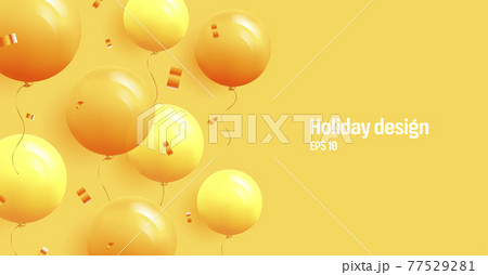 Festive background with helium round yellow balloons and confetti. Celebrate birthday poster, banner happy anniversary 77529281