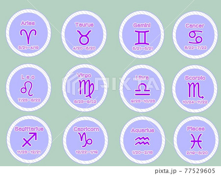 グリーン背景のパープルリング12星座アイコンセット 77529605