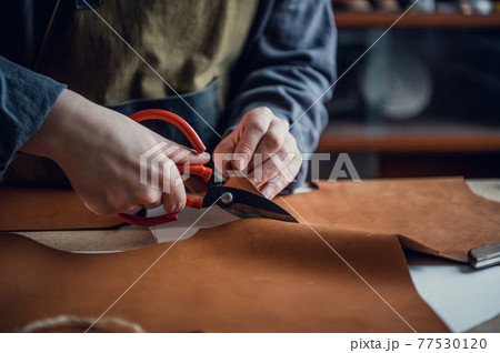 At the masterclass for the production of shoes, an experienced shoemaker cuts out leather with scissors At the masterclass for the production of shoes, an experienced shoemaker cuts out leather with scissors 77530120