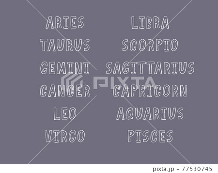 Zodiac lettering Vector Sign. Cartoon astrology text illustration. Horoscope handwritten icon set. Zodiac lettering Vector Sign. Cartoon astrology text illustration. Horoscope handwritten icon set. 77530745