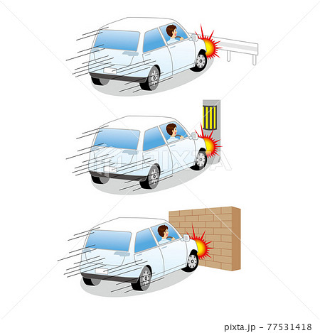 ガードレール、電信柱、壁に激突する車 77531418