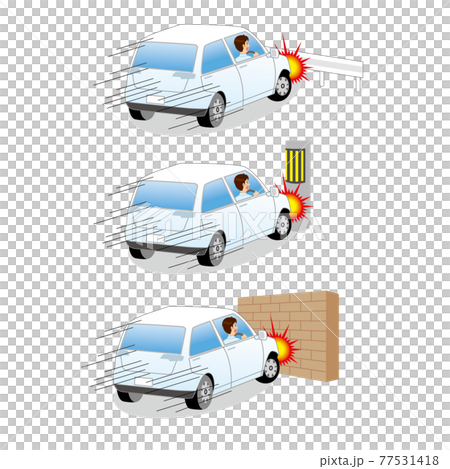 ガードレール、電信柱、壁に激突する車 77531418