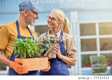 Lovely middle aged caucasian spouses smiling at each other 77532453