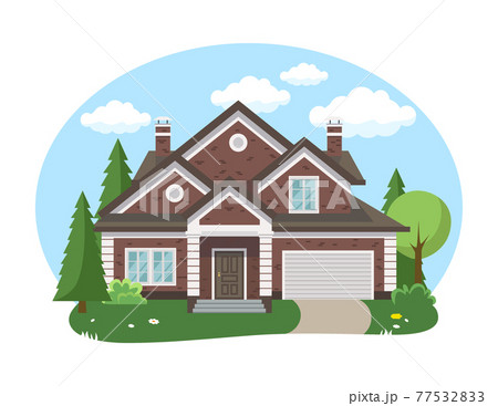 Cartoon house exterior with blue clouded sky Front Home Architecture Concept Flat Design Style. Vector illustration of Facade Building 77532833